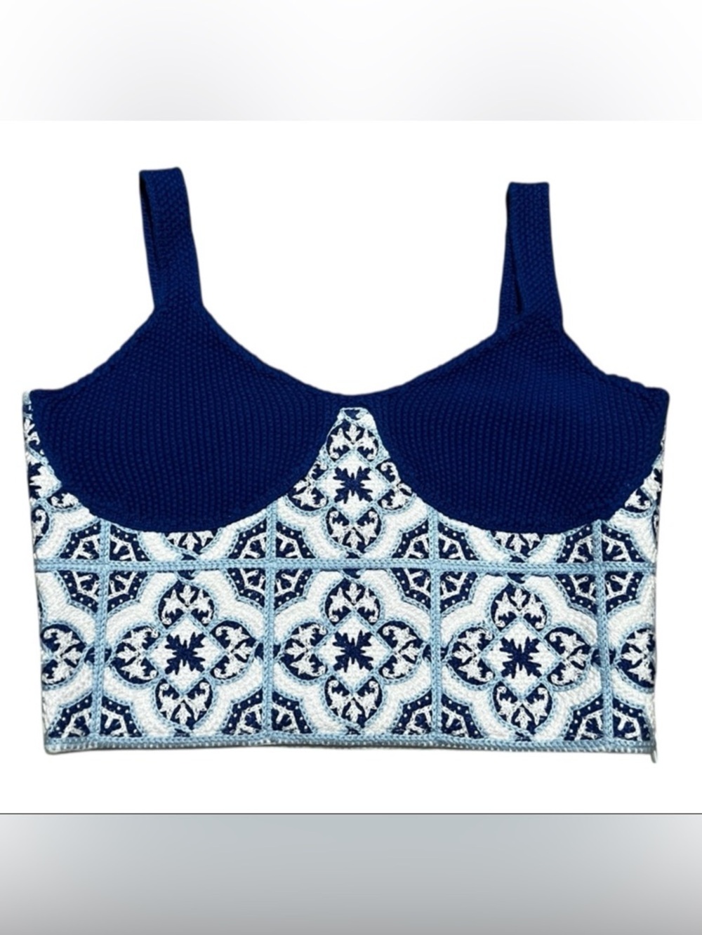 RtA Joao crochet top knit Patterned white blue size small round‎ neck side zip